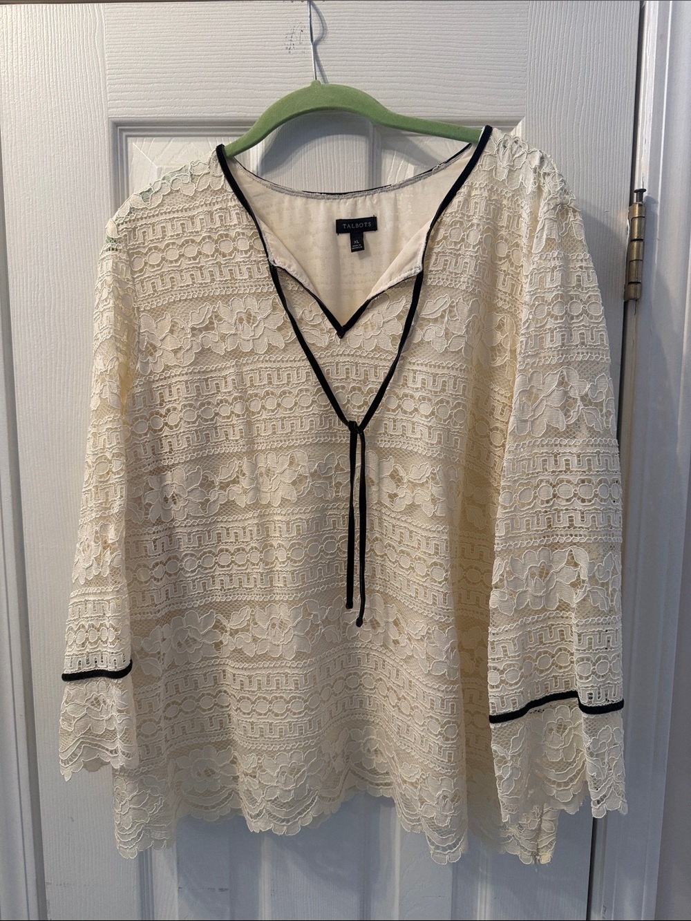 Talbots Cream Lace V-Neck Tunic with Black Trim Tie